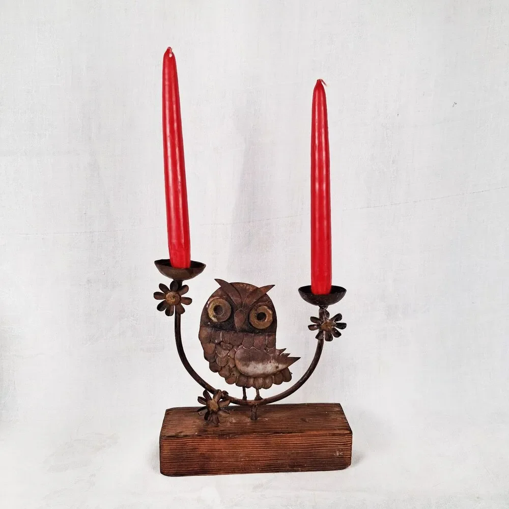 Mid Century Modern Metal Owl on Wood Base Candle Holder Sculpture Brutalist 9